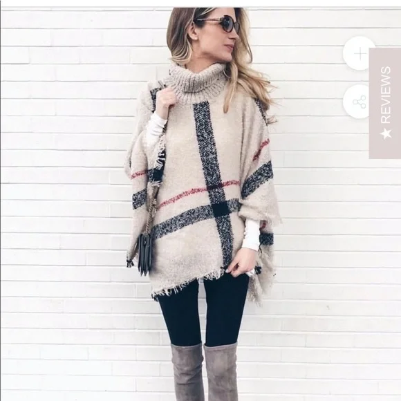 HAYLEY' PLAID TURTLENECK CAPE SWEATER - Picture 1 of 6